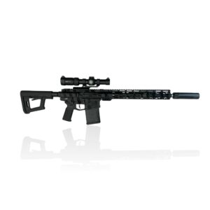 BCA-10 Sentinel 308 Winchester rifle with a 16 inch 8 twist barrel and Slim 15 handguard, cerakote finished in Obsidian Tiger Stripe, equiped with a Magpul DTPR Carbine stock and showns with a Night Force. Subsonic optimized precision rifle, suppressor ready, 308 Win subsonic platform.