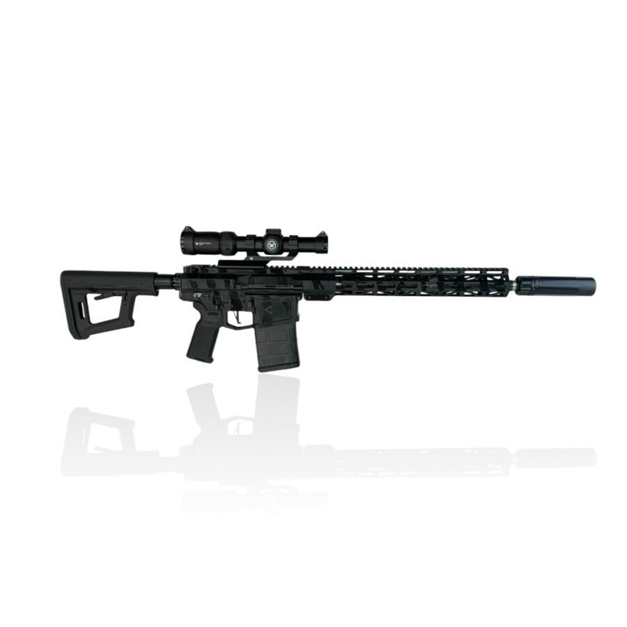 BCA-10 Sentinel 308 Winchester rifle with a 16 inch 8 twist barrel and Slim 15 handguard, cerakote finished in Obsidian Tiger Stripe, equiped with a Magpul DTPR Carbine stock and showns with a Night Force. Subsonic optimized precision rifle, suppressor ready, 308 Win subsonic platform.