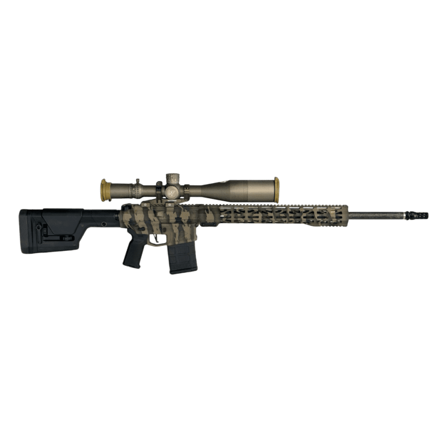 BCA-10 Sentinel 6.5 Creedmoor rifle with a 24 inch barrel and Pro 17 handguard, cerakote finished in Viper Tiger Stripe, equiped with a Magpul PRS GEN 3 stock and showns I34with a Night Force. Precision, long range rifle, with a match grade carbon fiber barrel, and a 2.5 lb. CMC trigger.